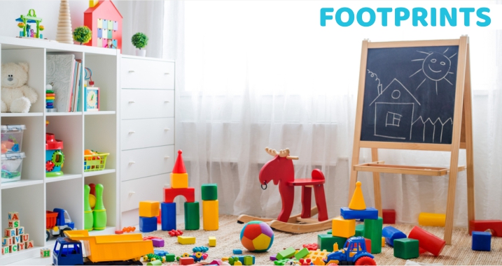 bright playroom with colorful toys scattered on the floor, a shelving unit with toys and books