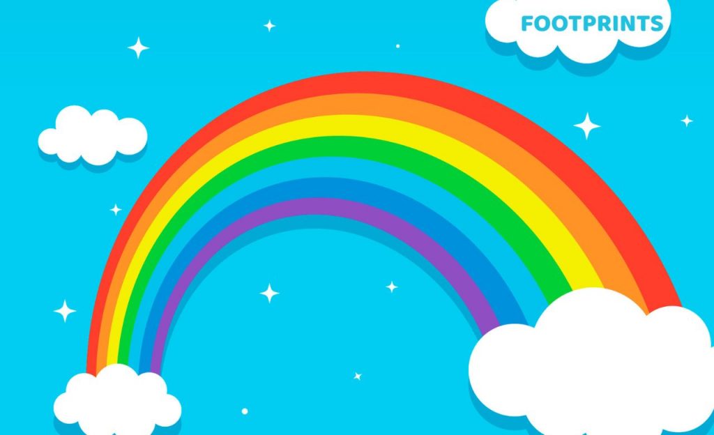 Illustration of a colorful rainbow arching across a bright blue sky 